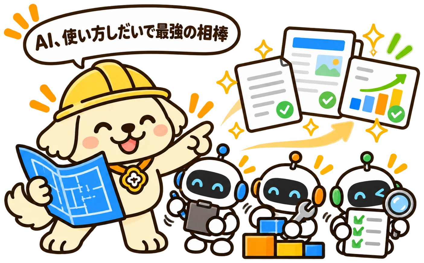 設計図を手に、役割の違うAIロボットたちに指示を出すワトソン