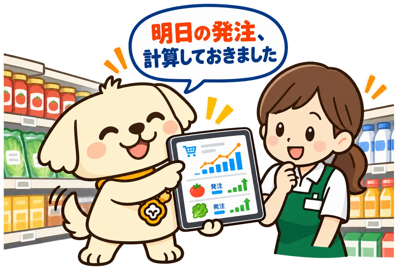 タブレットで明日の発注を店員さんに見せるワトソン